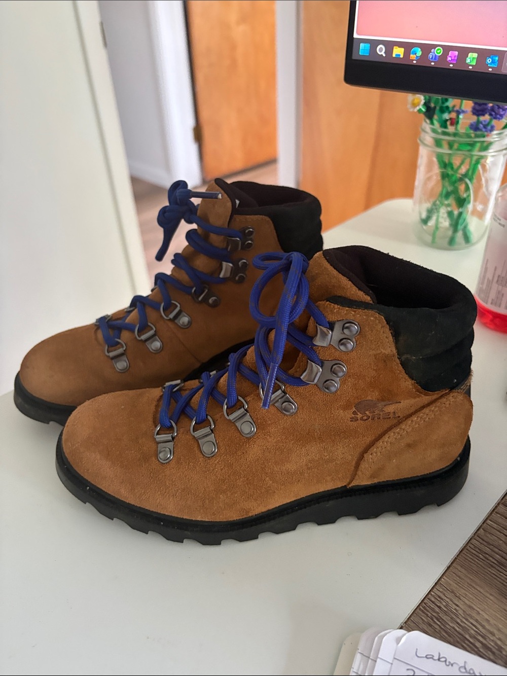 Sorel Kids Brown Suede Hiking Boots with Blue Laces